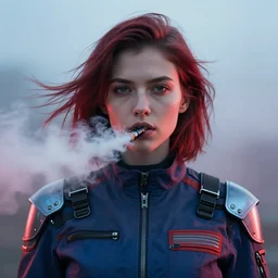 ( ( symmetry ) ) closeup portrait of a ( cyborg ) vape girl, fashion mechanic jumpsuit with shiny shoulder pads, cinematic light, windy, red blue, ( ( volumetric smoke ) ), mist, by gerald brom, by mikhail vrubel, by peter elson, muted colors, extreme detail, trending on artstation, 8 k