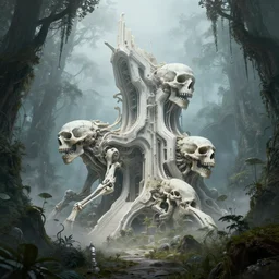concept art of a white bone biopunk scifi building in an enchanted forest, beautiful fantasy landscape, sharp focus, hyper detailed, hyperrealism, volumetric, amazing depth, by federico pelat and hr giger, unreal engine highly rendered, ominous, misty, volumetric lighting, 8 k
