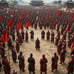 overhead mid shot cinematic artwork of a small group of rag tag warriors surrounded by a vast ancient Chinese army wearing red armor and holding red flags on the battlefield by greg rutowski, masterpiece, 4k