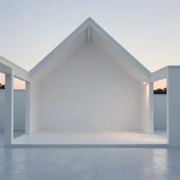 an empty nordic, empty loft without furniture in the twighlight with a stand in the middle, all in white, natural light, aesthetic nordic mood