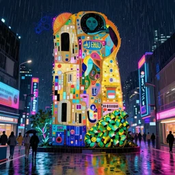 Neon Tokyo streets at night in the rain in the style of Gustav Klimt