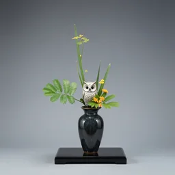 an owl ikebana vase japanese ikebana flower arrangement, summer, glazed clay, obsidian, glass, zen,