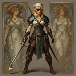 female sailor, full body shot, eyepatch, blonde, d & d, fantasy, intricate, intimidating, highly detailed, digital painting, artstation, concept art, matte, sharp focus, illustration, hearthstone, art by artgerm and greg rutkowski and alphonse mucha