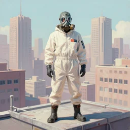 man wearing a boiler suit and futuristic gas mask stands on a roof with a brutalist cityscape behind him, science fiction painting, pastel colours