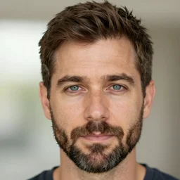 a beautiful photography of a middle aged man with short brown hair and a short beard, thick eyebrows, blue eyes, canon eos m 5 0, 5 0 mm, natural lights, trending on artstation