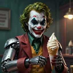 animatronic joker serving a soft serve ice cream cone 🍦, dimly lit, real - hair, photorealistic hyperdetailed 3 d matte painting, hyperrealism, hyperrealistic, cinematic, silent hill, unrealengine octane render,