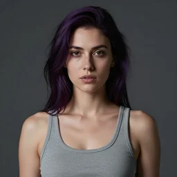 woman with dark-purple hair wearing a grey tanktop, by Cedric Peyravernay, highly detailed, excellent composition, cinematic concept art