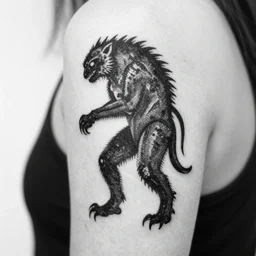 creature behind person, black and white, black art, tattoo, blur, pointillism, diffused