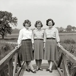 a vintage 1 9 3 0 s photograph of three cheerful young ladies posing on a timber bridge in the countryside.