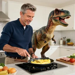 photograph of jeff goldblum and a velociraptor in a kitchen cooking an omelette