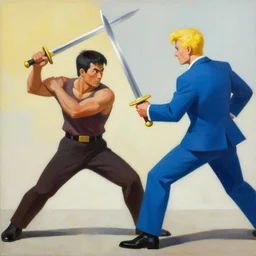 an asian man with a sword charging at a blond man in a blue suit with a sword, organic painting, sunny day, matte painting, bold shapes, hard edges, street art, trending on artstation, by huang guangjian, gil elvgren, ruan jia, randy vargas, greg rutkowski