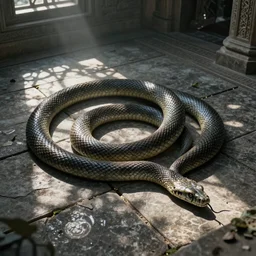 beautiful concept art of a coiled snake on top of stone tiles, interior, dappled sunlight, mausoleum, fantasy, by greg rutkowski, trending on artstation.