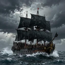 Pirate ship with black sails in a stormy ocean with huge waves, cloudy dark sky, rays of god, by greg rutkowski, detailed, cinematic, intricate, epic