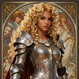 complex 3 d hyper realistic smooth ultra sharp render of a gorgeous paladin woman | tanned skin, curly blonde hair | d & d, medieval, fantasy | art by oh jinwook + 吵 集 仁 儿 on artstaion + takeshi obata + alphonse mucha