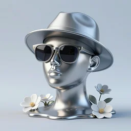 a head made out of melting metal, cold palette, it is wearing sunglasses and a hat, there are flowers all around it, vogue cover style, demonic style, smooth fractal style, ethereal fantasy style, 3 d perfect render style, horror style, leonid afremov style