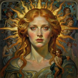 stunning, breathtaking, awe-inspiring award-winning concept art nouveau painting of attractive Tilda Swinton as the goddess of the sun, with anxious, piercing eyes, by Alphonse Mucha, Michael Whelan, William Adolphe Bouguereau, John Williams Waterhouse, and Donato Giancola, cyberpunk, extremely moody lighting, glowing light and shadow, atmospheric, cinematic, 8K, trending on Artstation