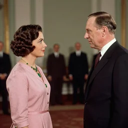 a queen with tan skin, short, rippling dark cinnamon hair, and emerald eyes is shown meeting with the prime minister in a long, medium wide shot, german and eastern european mix kodachrome slide. in a vintage historical fantasy photograph from 1 9 3 2, she is shown donning a pink outfit and green jewels.