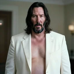 A beautiful hyper realistic detailed concept art portrait of morbidly obese Keanu Reeves wearing a dirty white blazer, center framing, soft focus, natural lighting, f2, 50mm, hasselblad, film grain, portrait lighting, light leaks