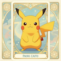 Pikachu tarot card, art nouveau style, painterly, digital art, ornate borders, intricate details, dream atmosphere, light toned, pastel colors, cute, adorable, concept art, Pixiv, Deviantart, Behance, trending on artstation, by Naoki Saito