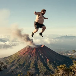 A fat man is jumping over a volcano, cinematic shot