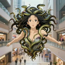 2 0 mm demigoddess portrait, floating over midtown mall, snake entwined hair, martin schoeller, oleg bulakh, id magazine, epic scene, soft dynamic lighting, intricate, detailed, makoto shinkai, takashi takeuchi, studio ghibli, akihiko yoshida, sharp focus, photoreal, 8 k