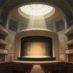 landscape architect art of a large ominous theatre with a large center - stage lit by the sunlight of a skylight dome above the stage, detailed illustration
