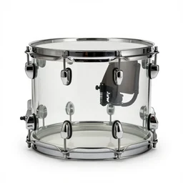 glass snare drum, photorealistic, isolated on a pure white background, centered, entire object in frame, sharp focus, soft studio lighting