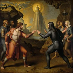 humans'first contact with vulcans, renaissance painting, wide angle
