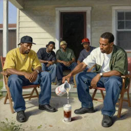 a painting of los angeles crip gang members. one of them is pouring malt liquor on the ground in honor of a dead fried before he drinks. they are sitting in chairs on the front porch of a home in compton california. the view is closeup, as if the viewer is sitting with them. westside, midday, in the style of vermeer