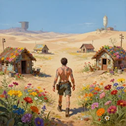 anthropomorphic lgbt doe is adventuring at a post - apocalyptic merchant town of vibrant flower huts in the salt dunes, matte oil painting, flower fields, piercings, tattoos, badlands, rust, retrofutistic, science fantasy, rpg, epic, plants, extremely detailed, sharp focus, 4 k