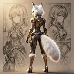 the full body of anthropomorphic lynx fursona from behind wearing a steampunk suit as unimaginably beautiful, gorgeous, elegant, young woman with lynx head, fluffy tail, paw pads, by furaffinity, anime, manga, kim jung gi, irakli nadar, intricate linework, white fur, unreal engine 5 highly rendered, global illumination, radiant light, detailed and