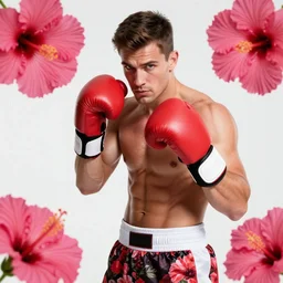 handsome boxer, punching hibiscus flower, wearing floral boxing outfit, bodybuilder posing, portrait surrounded by hibiscus flowers, jojo cover art, jojo anime style, david production, style of vento aureo cover art, style of stone ocean cover art, style of steel ball run cover art, style of jojolion cover art, ilya kuvshinov style, illustrated by hirohiko araki