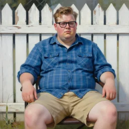 painting of a handsome stocky young man with light brown swept back short hair and dark glasses, wearing a blue plaid shirt and khaki shorts, sitting in chair, in front of a decaying white picket fence, by jeremy mann, stylized, detailed, realistic, loose brush strokes