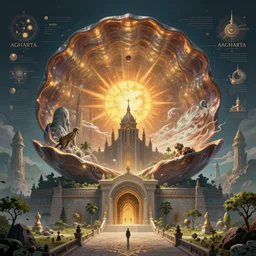 a majestic photograph hiperrealistc of the entrance kingdom of agharta, land of advanced races, giant, hollow earth infographic, illustrations, a big shell with a sun in the interior, dynamic lighting, fantastically beautiful, aesthetically inspired by monia merlo, trending on artstation, art by oleg oprisco, 8 k, upscale