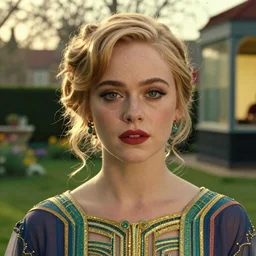 Elle Fanning, head and shoulders masterpiece, in Alien, golden hour, in a garden, artstation, in the style of Art Deco and Edward Hopper and Bosch, extremely detailed