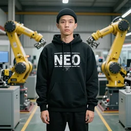 infrared neo - industrial communist productivist streetwear photoshoot in a robotics factory