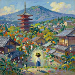 tiny kind wearing a crown in front of a beautiful japanese city in the mountain, amazing ryokans and gorgeous edo era houses, fantastic characters in the scene, epic cyberpunk, lofi vibe, vivide colors, amazing light, really beautiful nature, oil painting, impressionist style, by jeremy lipkin, by claude monet, by makoto shinkai, kandinsky touches, multiple brush strokes, inspired by ghibli, masterpiece