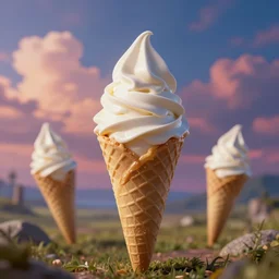 soft - serve ice cream cones in a colorful fantasy sky, beautiful landscape, dramatic lighting, cinematic, extremely high detail, photorealistic, cinematic lighting, post processed, concept art, artstation, matte painting, style by greg rutkowsky