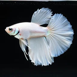 a graceful iridescent white betta fish with long swirling fins, black-water-background, traditional Chinese illustration