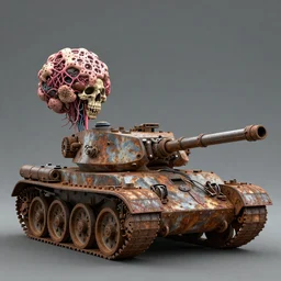 Techno-biological rusty modern double cannon tank consisting of tumors, meat, veins, bones, guts, kidneys, wires. Biopunk, body-horror, high detail, photorealism, full length view, very rust, concept art, octane render, 16k, 8k