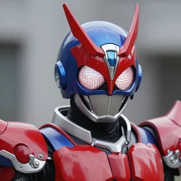 High Fantasy Kamen Rider Helmet, red and blue color scheme, 4k, glowing eyes, daytime, rubber suit, dragon inspired pvc armor