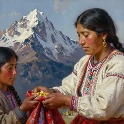 a beautiful close up painting of an incan woman exchanging food and fabrics at the top of a mountain with another woman, art by christophe vacher
