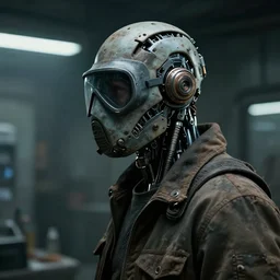 a half - masked rugged laboratory engineer man with cybernetic enhancements as seen from a distance, scifi character portrait by greg rutkowski, craig mullins, esuthio, 1 / 4 headshot, cinematic lighting, dystopian scifi gear, gloomy, profile picture, mechanical, cyborg, half robot, implants, dieselpunk