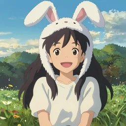 Poster of tonemapped Smiling anime girl with bunny hat in the style of Makoto Shinkai, Yun Koga and Artstation
