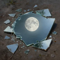 shards of a broken mirror lying on the ground, reflection of the full moon in the mirror, very detailed, digital painting, oil painting, hyperrealistic, highly detailed, beautiful, artstation, cgsociety, art by greg rutkowski, by artgerm