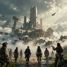 the cloud city was a sight to behold for the weary travelers, sci fi fantasy, pirates meet cowboys