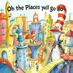 fanciful city filled with curvy buildings, by dr seuss, oh the places you'll go, arches, platforms, towers, bridges, stairs, colorful kids book illustration