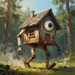 a walking mech wood house with two mechanical legs and one big eye, smoky, rust, hyperrealistic, highly detailed, cinematic, single ray of sun, morning, pareidolia, dynamic composition, gravity falls style, ghibli style, beautiful, pine trees in the background, cgssociety, artstation, 8 k, oil painting, digital art