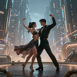 a dancing couple in a future city, highly detailed, fantasy art