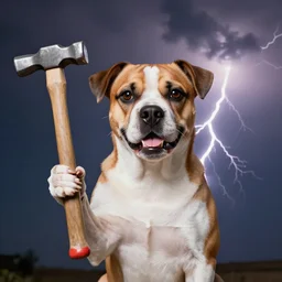 a canine thor holding hammer with its paw, dramatic lightning background